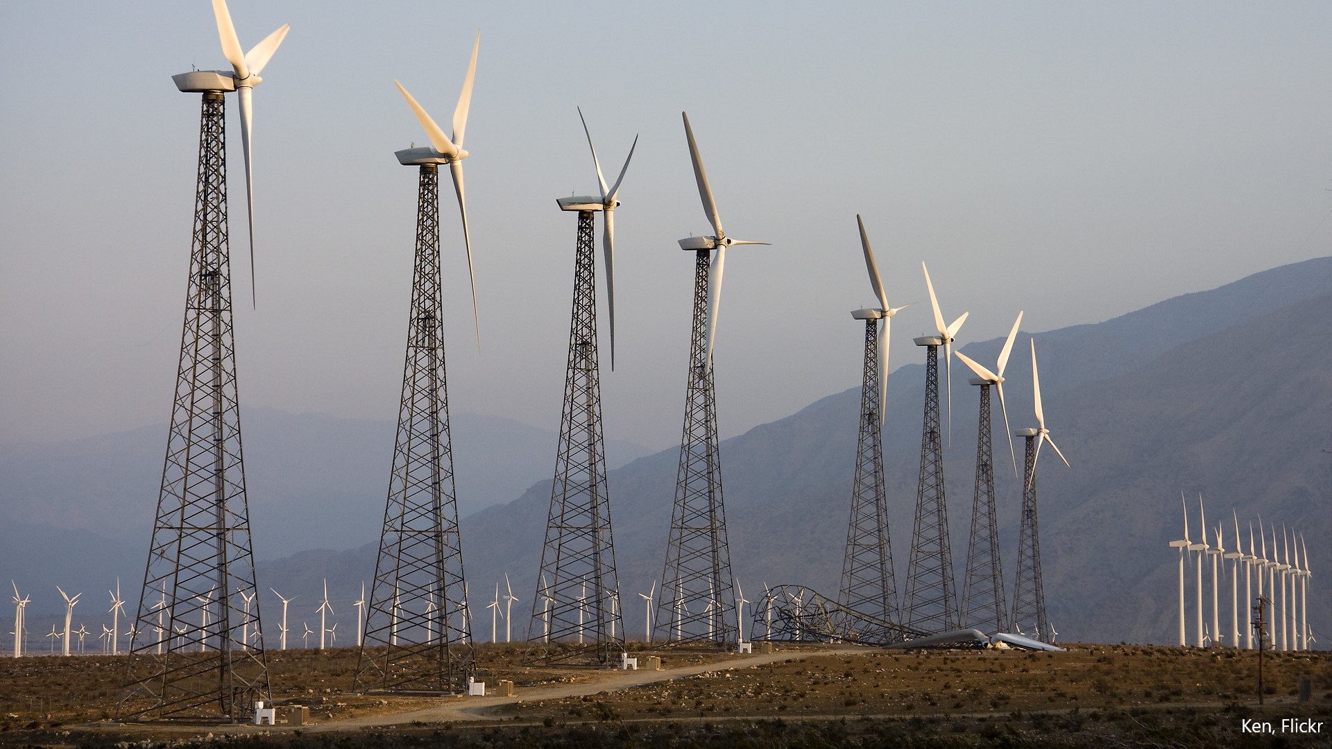Tall wind turbines in a row near Palm Springs, California, USA