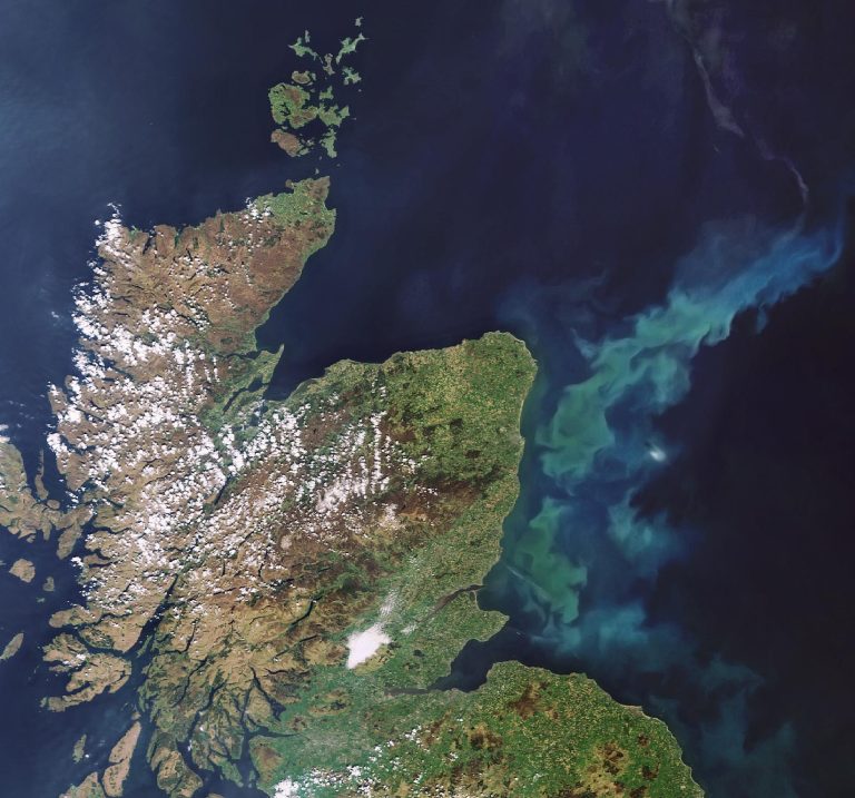 This Envisat image captures the green swirls of a phytoplankton bloom in the North Sea off the coast of eastern Scotland. The chlorophyll phytoplankton collectively contain colour the ocean's waters, which provides a means of detecting these tiny organisms from space with dedicated ocean colour sensors, like Envisat's Medium Resolution Imaging Spectrometer (MERIS) instrument. MERIS acquired this image on 7 May 2008, working in Full Resolution mode to provide a spatial resolution of 300 m.