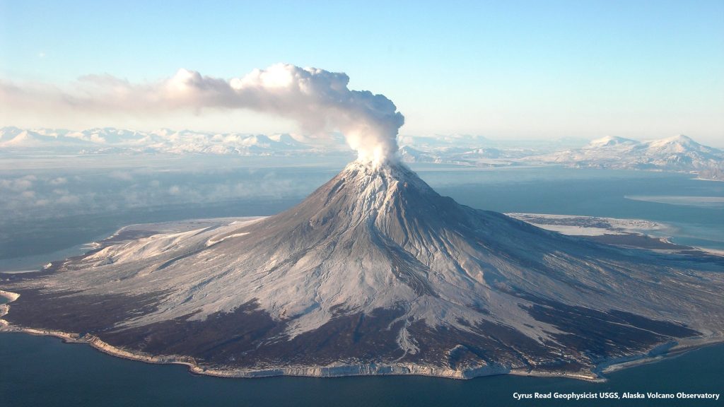 A gas plume arising from Augustine Volcano during its eruptive phase 2005-06. This photo was taken during a FLIR/maintenance flight on January 24, 2006.