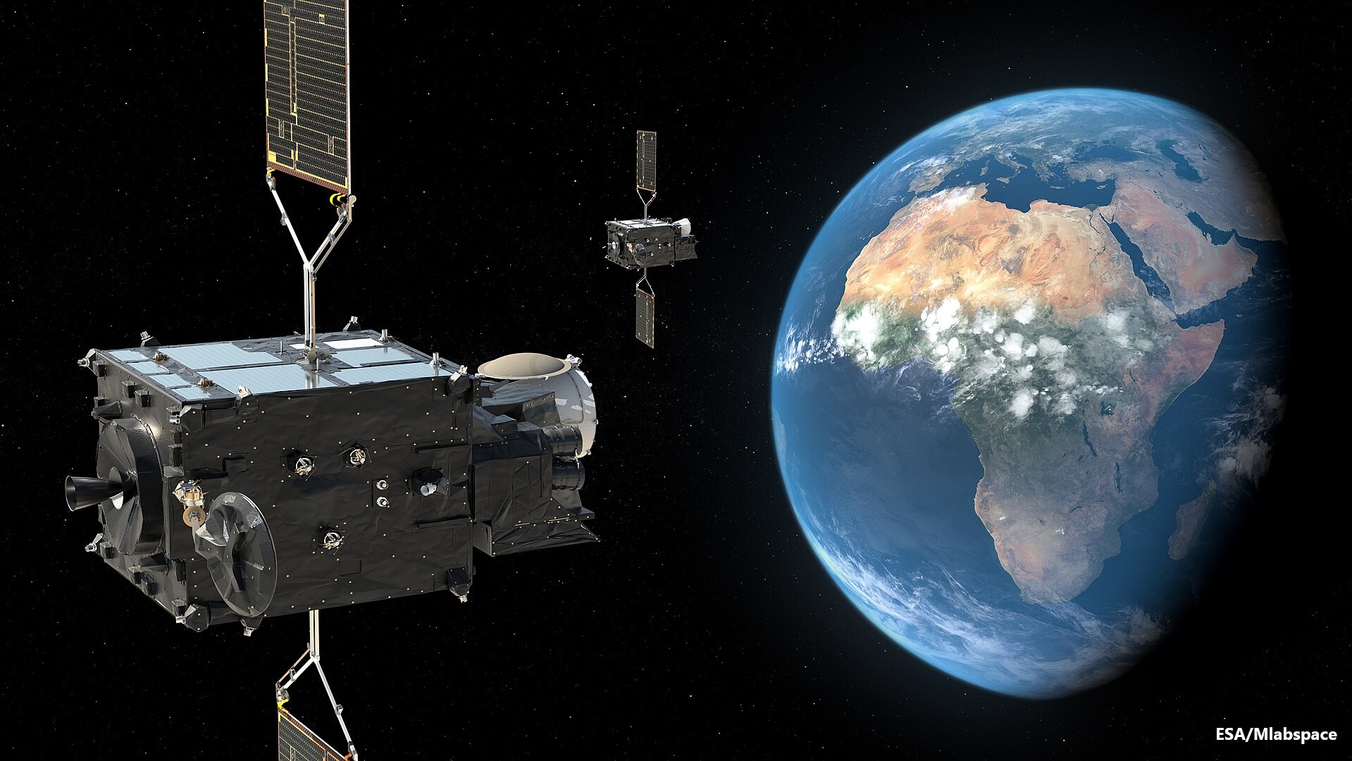 To meet more than the 20-year operational life of the mission, the full Meteosat Third Generation system comprises six satellites: four Imaging (MTG-I) satellites and two Sounding (MTG-S) satellites. This image features one MTG-I satellite (in the foreground) and one MTG-S satellite. When fully deployed, the system will include two MTG-I satellites operating in tandem – one scanning Europe and Africa every 10 minutes and the other only Europe but every 2.5 minutes – and one MTG-S satellite to provide local-area coverage over selected parts of Earth, with a repeat cycle of typically five minutes. The combination of MTG’s innovative instruments along with their increased resolution and sensitivity is set to take weather forecasting to the next level, particularly in the challenging task of early detection and prediction of rapidly evolving and potentially dangerous weather events such as severe thunderstorms. The MTG-I satellites carry a Flexible Combined Imager and a Lightning Imager. The MTG-S satellites carry an Infrared Sounder and the Copernicus Sentinel-4 instrument.